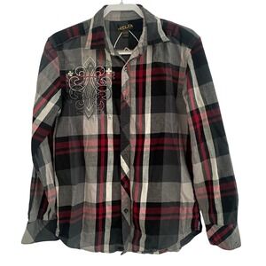 Helix Men's M Plaid Button Up Embroidered Fleur de Lis Graphic Shirt Y2K Fashion